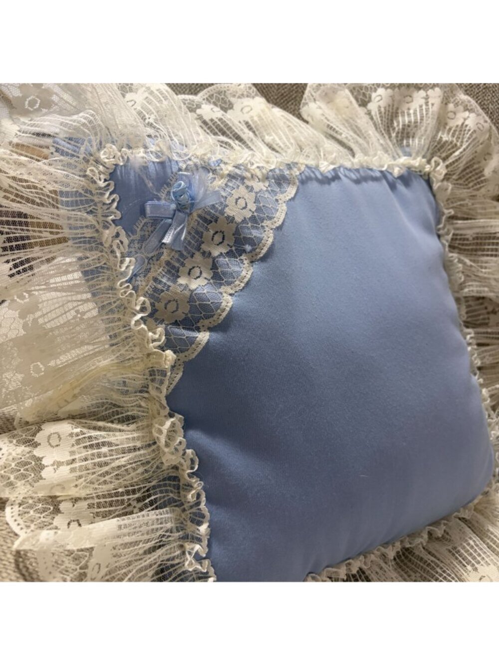 Vintage Handmade Blue Cotton Throw Pillow Wide Off White Lace Trim Ribbon Bow Ac - Picture 2 of 4